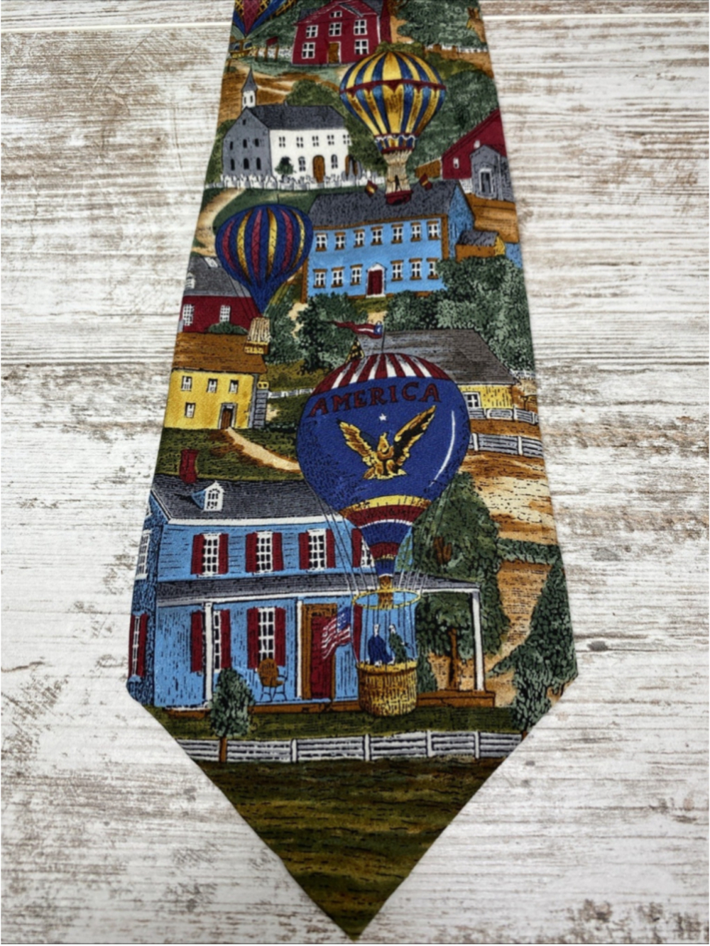 Vintage Americana Silk Tie Hot Air Balloon Village Scene USA 59” Novelty Necktie
